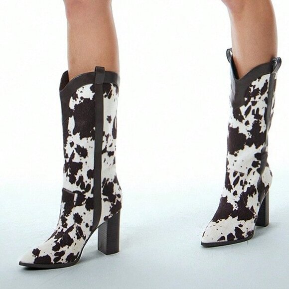 Multicolor Casual Women's Cow Print Cute Western Style Heeled Boots - Picture 4 of 7